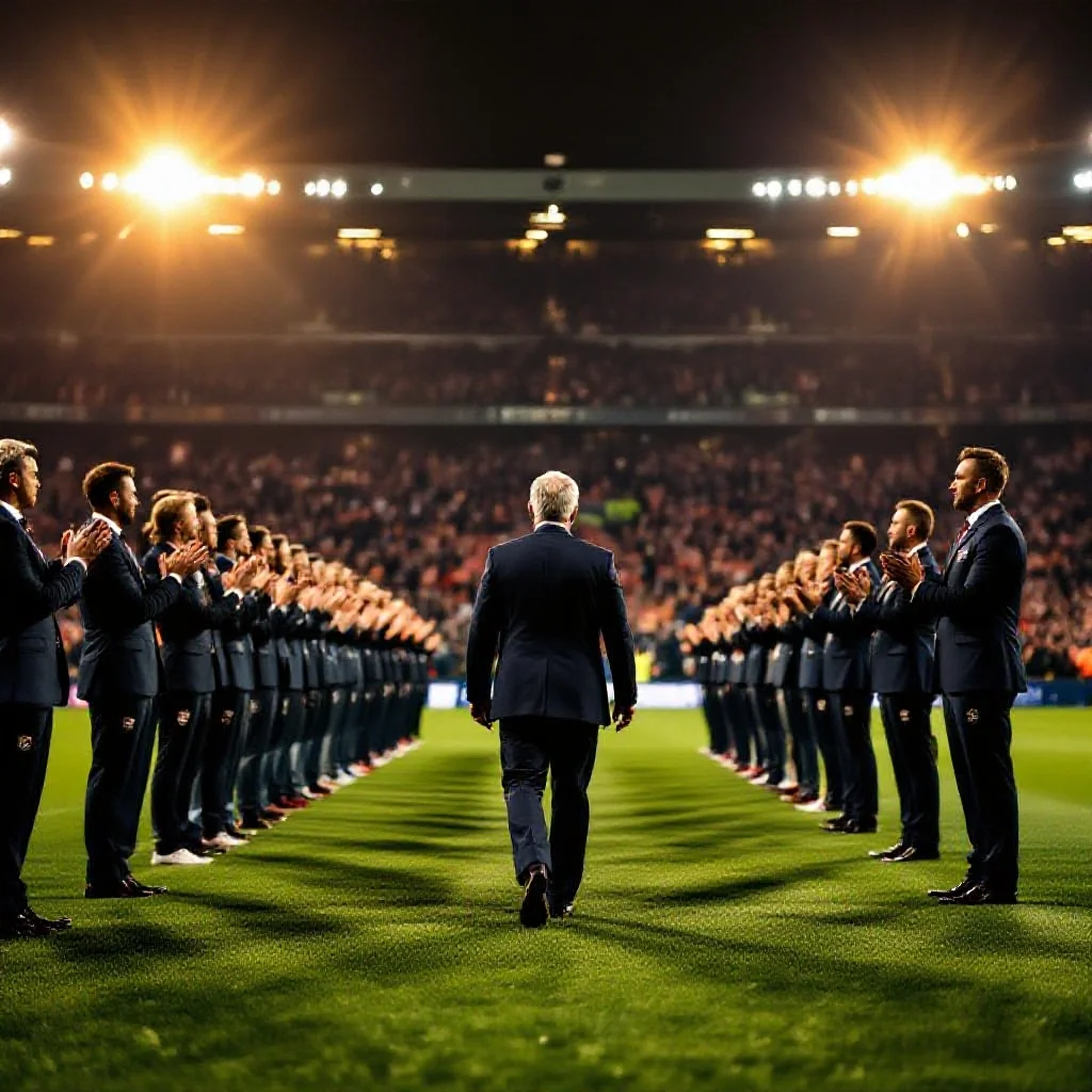 A guard of honor formed by current players on the pitch welcoming a club lege...