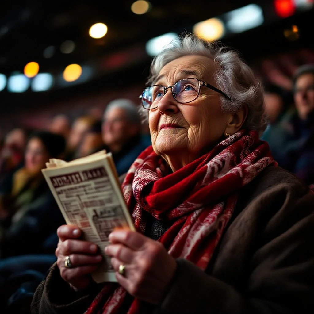 An elderly supporter clutching a worn scarf and old programme at a stadium tr...
