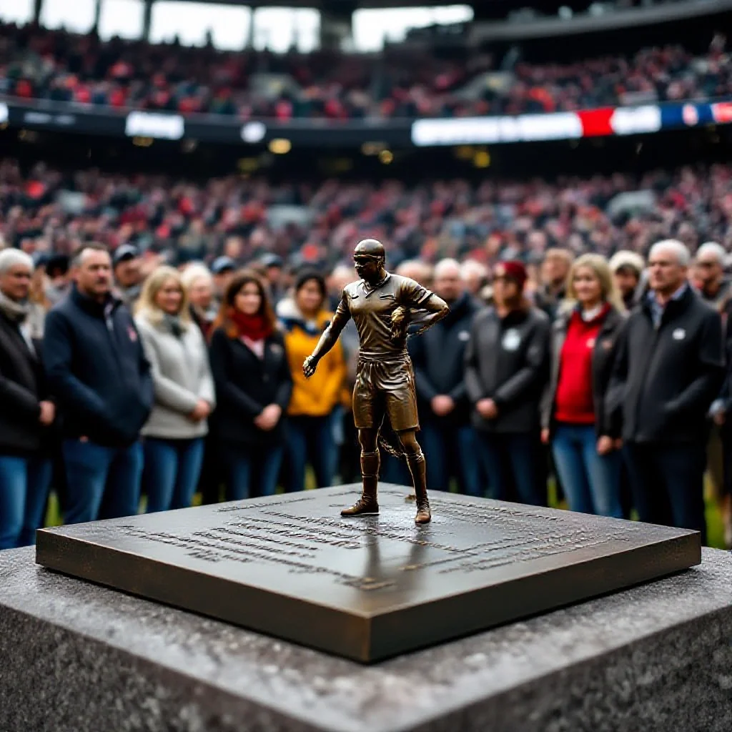 A bronze plaque or statue dedication at a football stadium