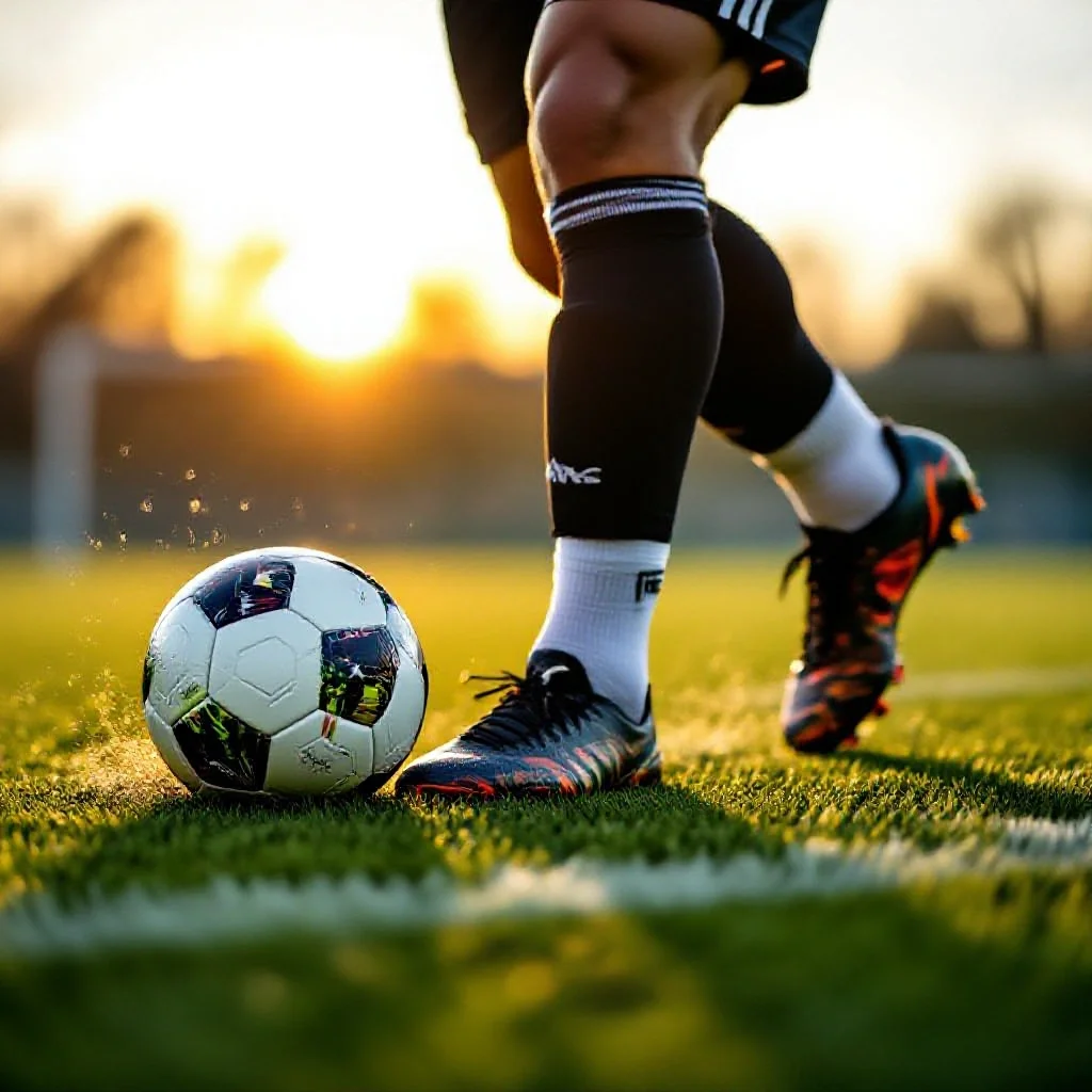 A football player's cleats and lower legs just as he strikes a ball on a brig...
