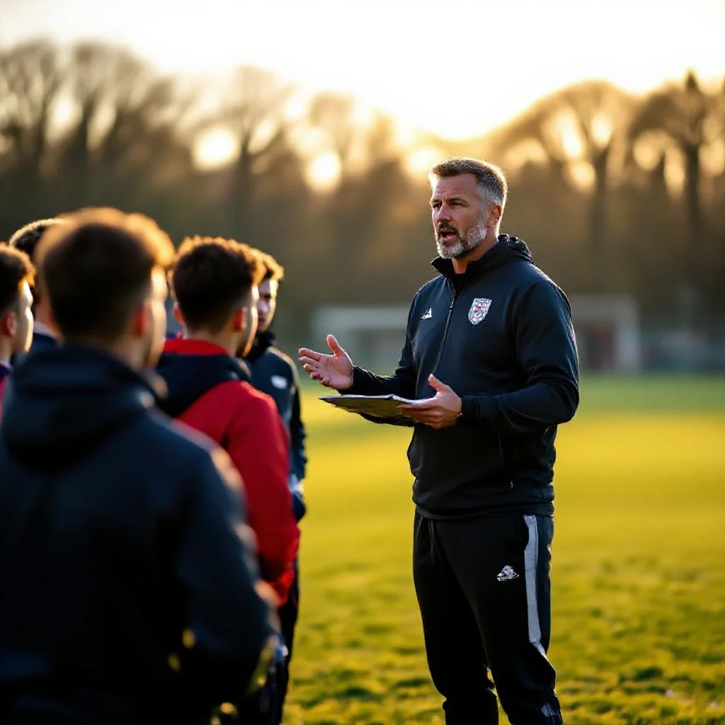 A football coach in a tracksuit speaking passionately to a group of players g...