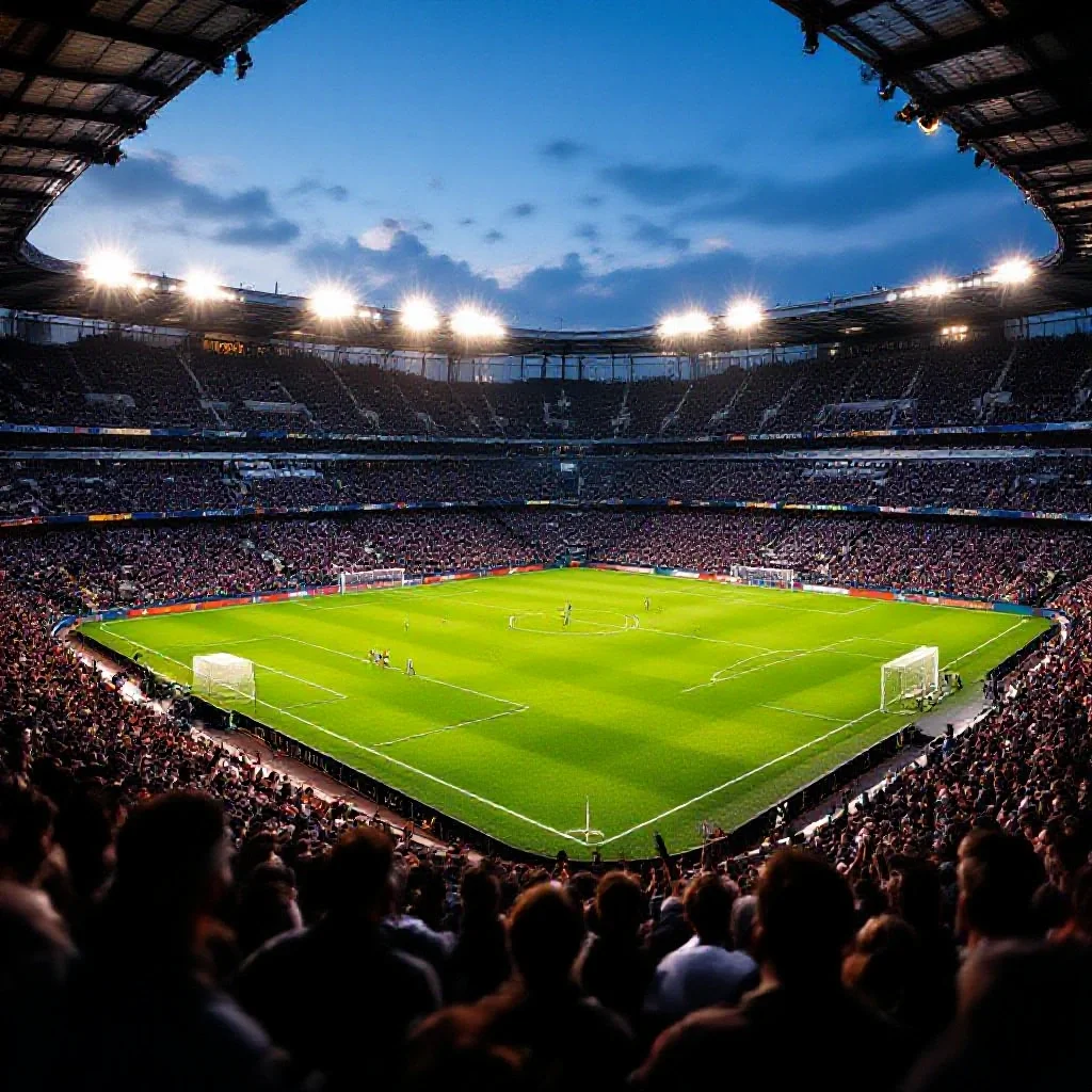 A packed football stadium at dusk