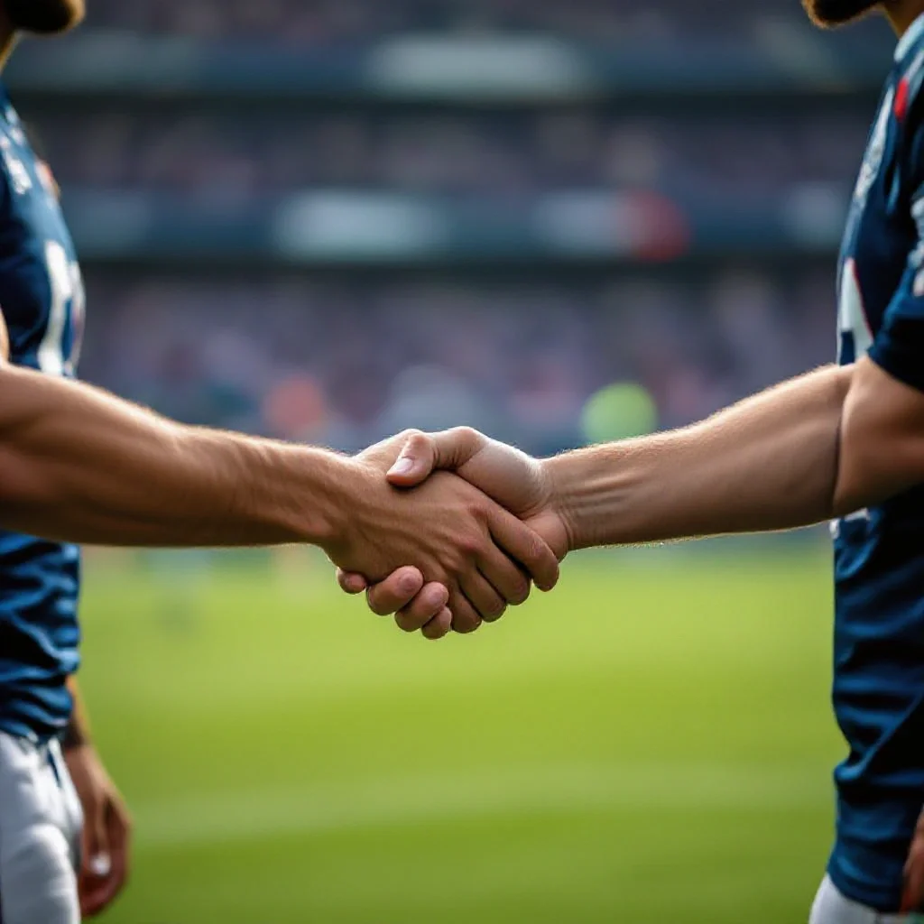 Two football players shaking hands after a match