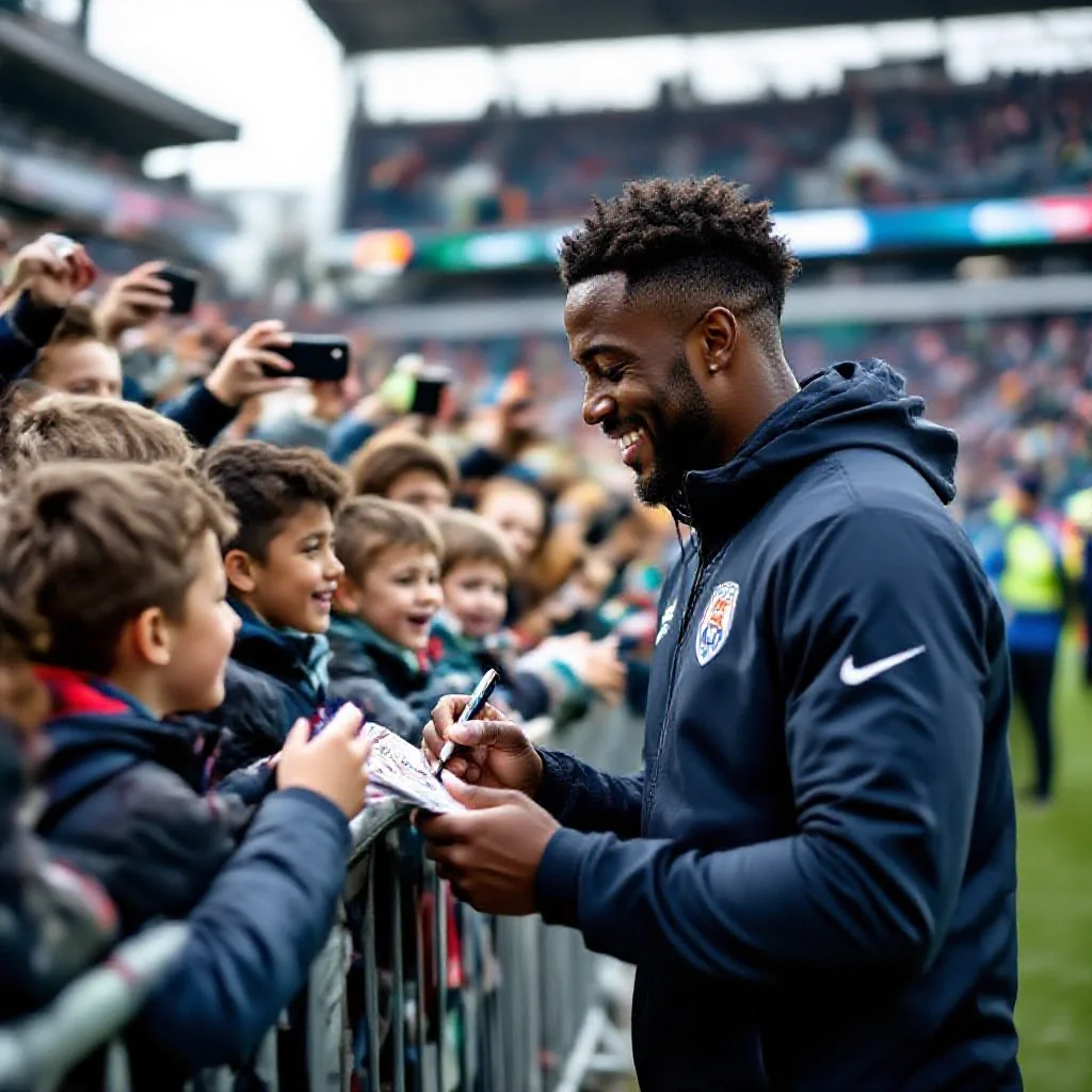 A professional football player signing autographs for young fans pressed agai...