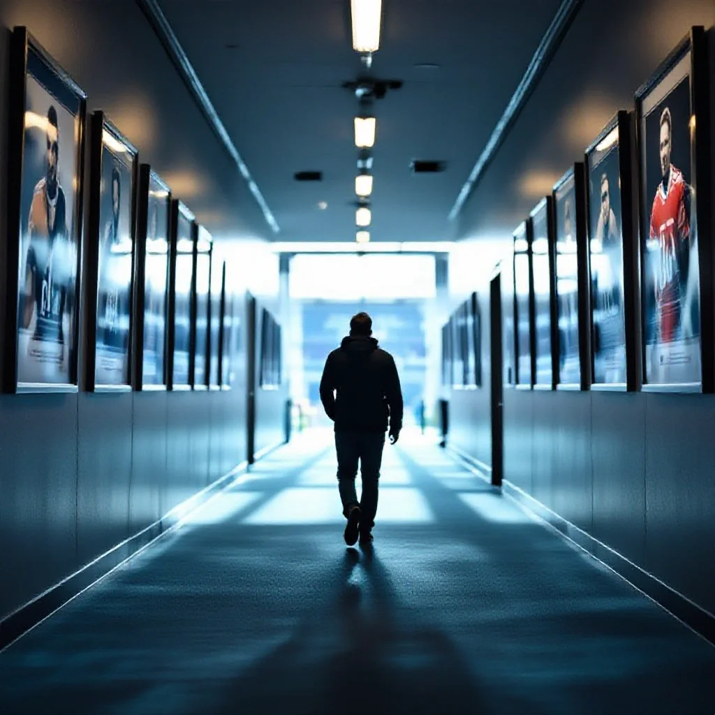 A sports journalist walking through a long stadium corridor lined with framed...