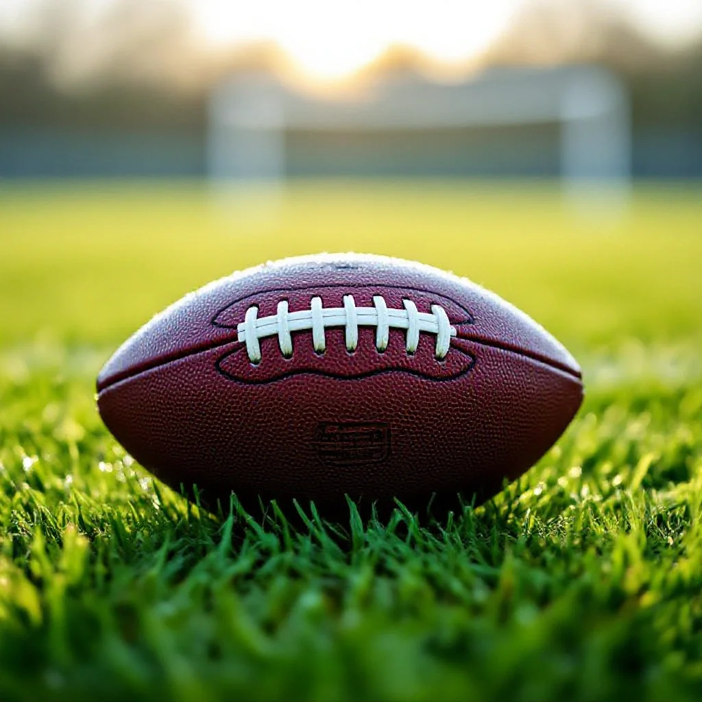 A football resting on wet morning grass with dew drops clinging to the leathe...