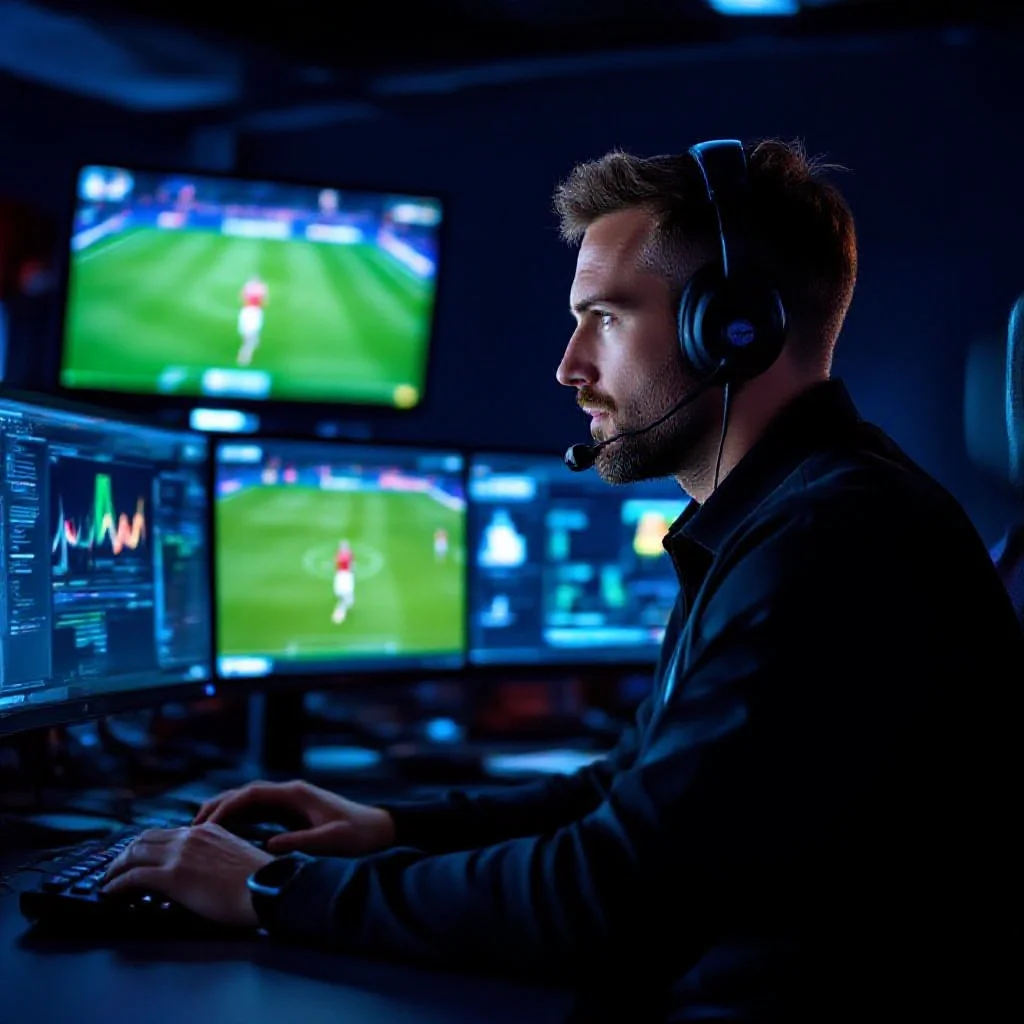 A video assistant referee technician in a darkened VAR room watching multiple...