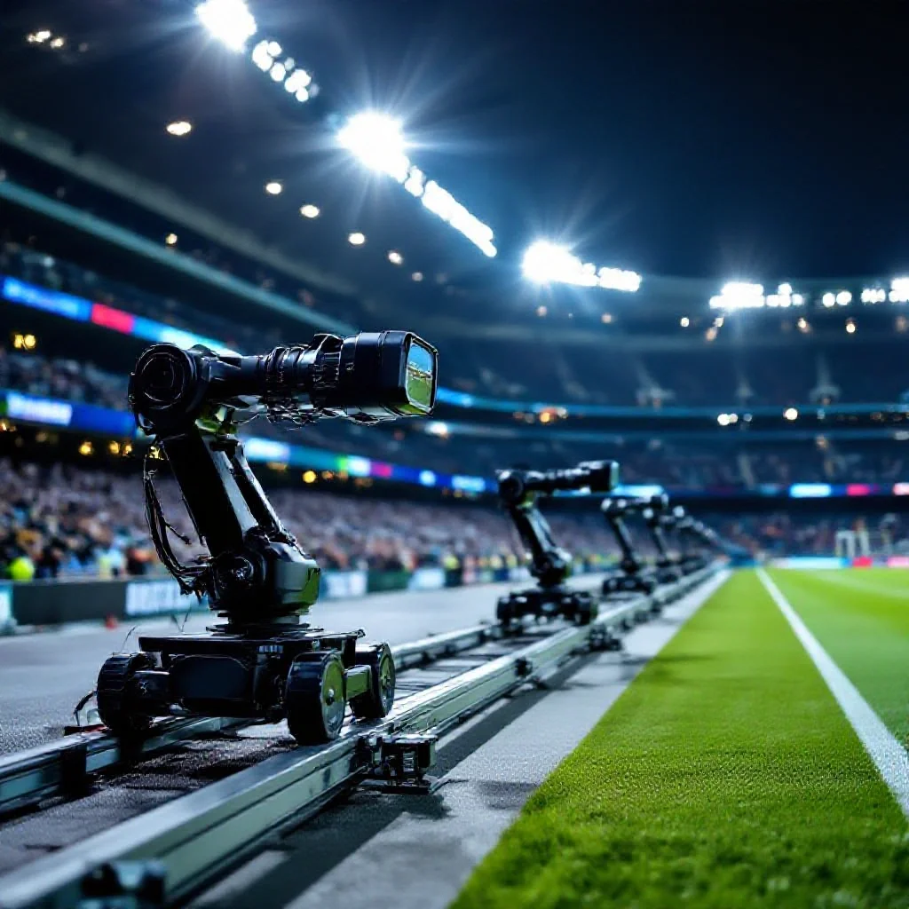 A stadium with automated pitchside camera rigs on rails capturing match footage