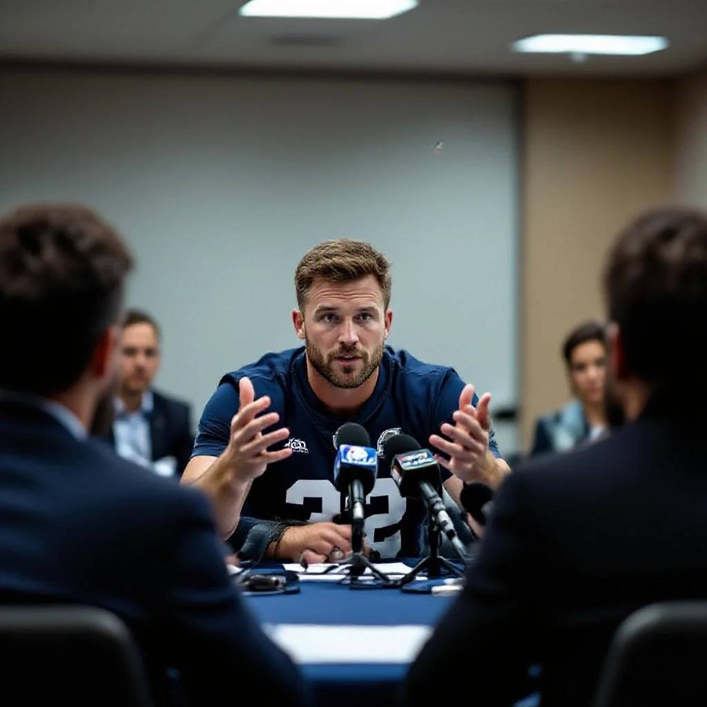 A football player speaking candidly at a press conference table