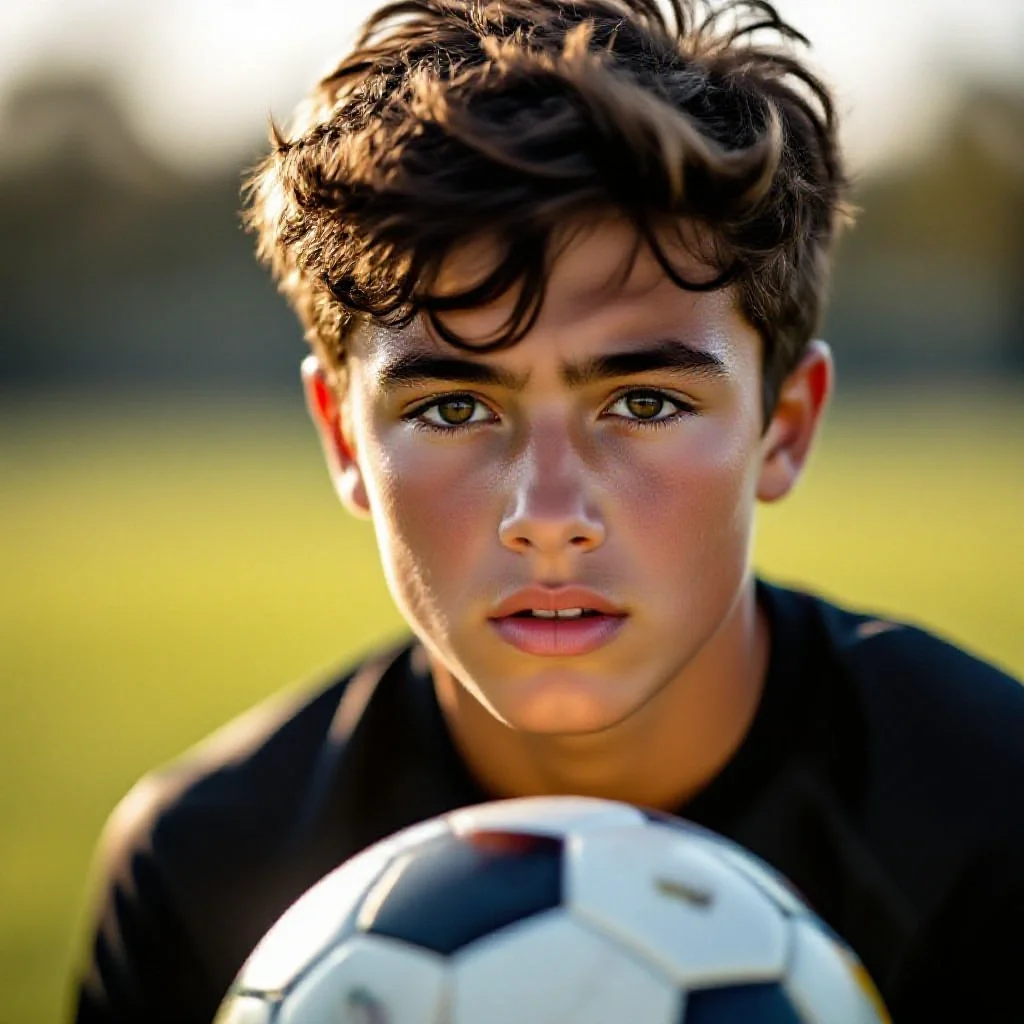 A young player’s determined face as he controls a ball