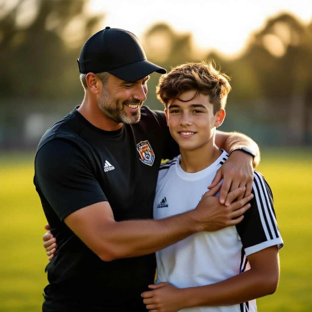 A youth academy coach putting an arm around a young player’s shoulder to give...