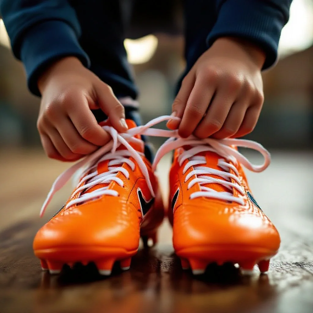 Small hands lacing up brand new football boots for the first time
