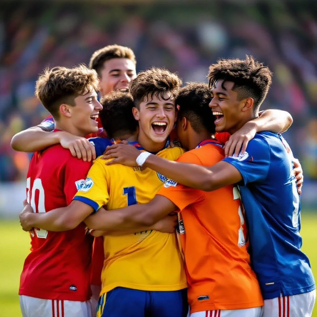 A group of teenage footballers celebrating a goal in a youth league match