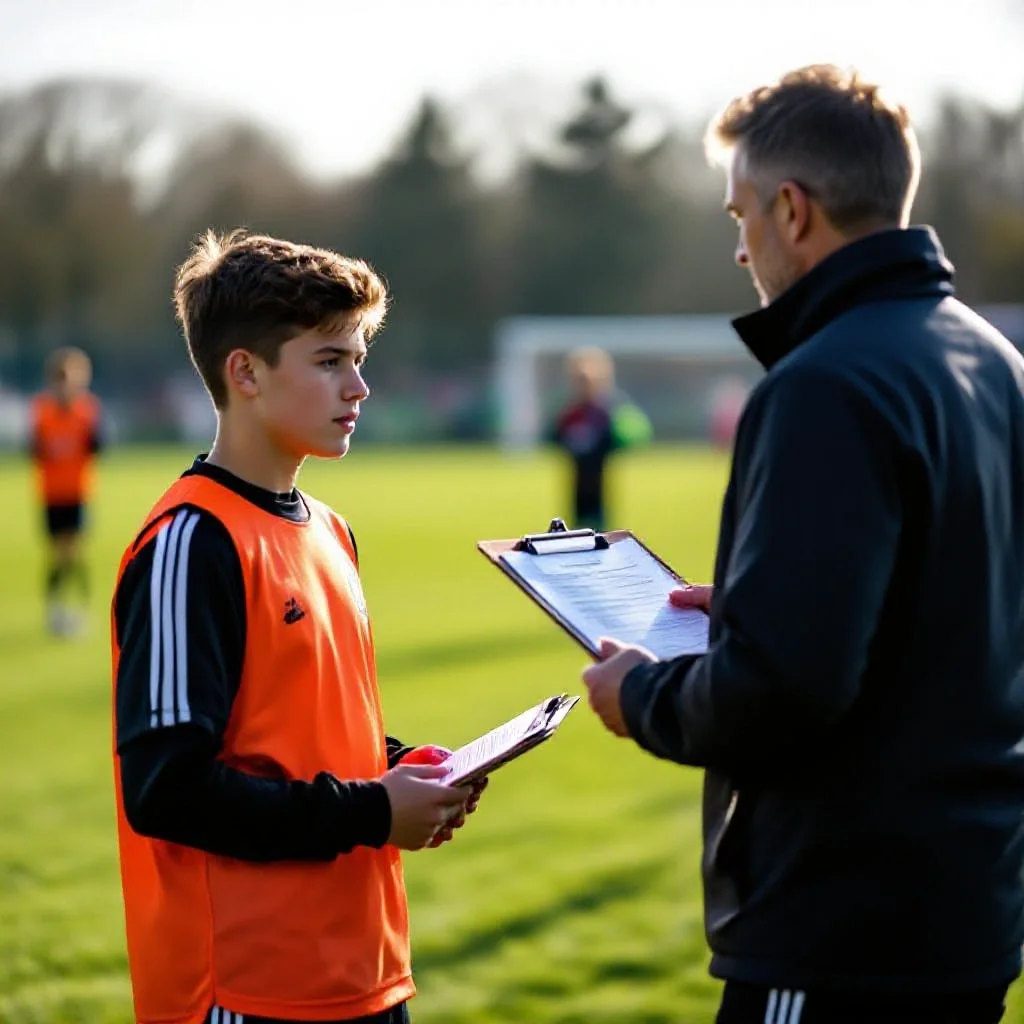 A youth player being scouted by an adult with a clipboard on the touchline
