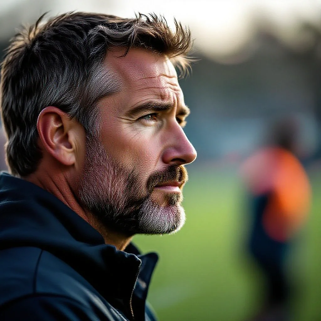 A football coach’s face in three-quarter profile