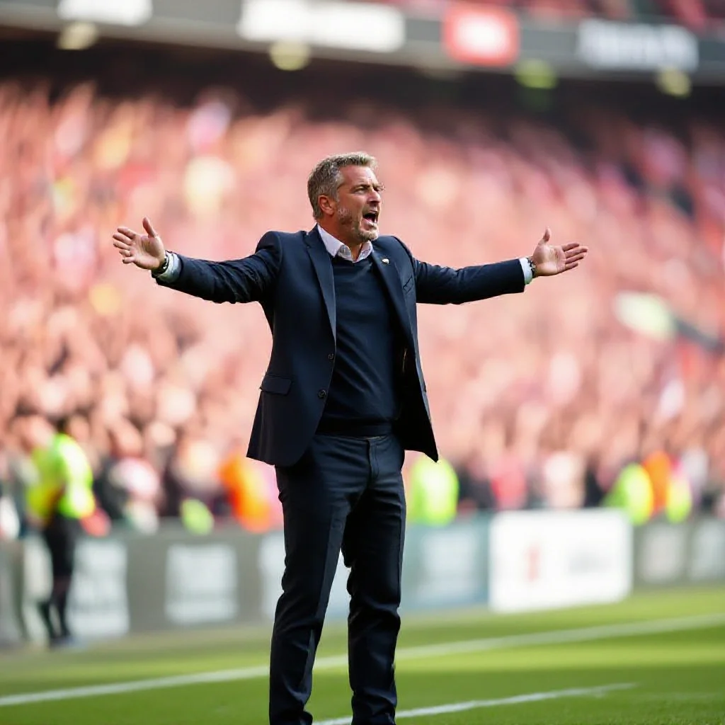A football manager gesticulating on the touchline during a match