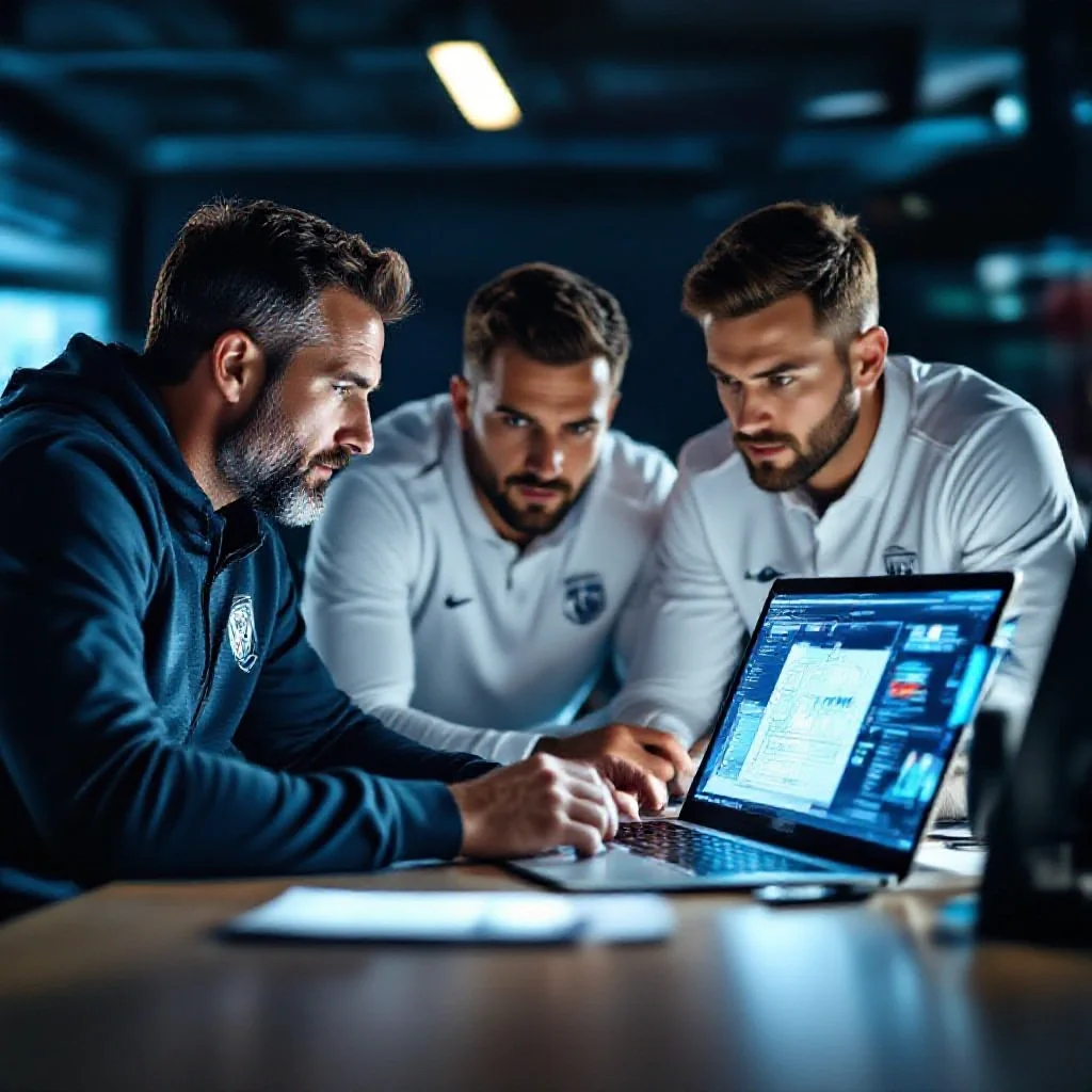 A head coach and his assistant staff huddled over a tactical laptop in a dark...
