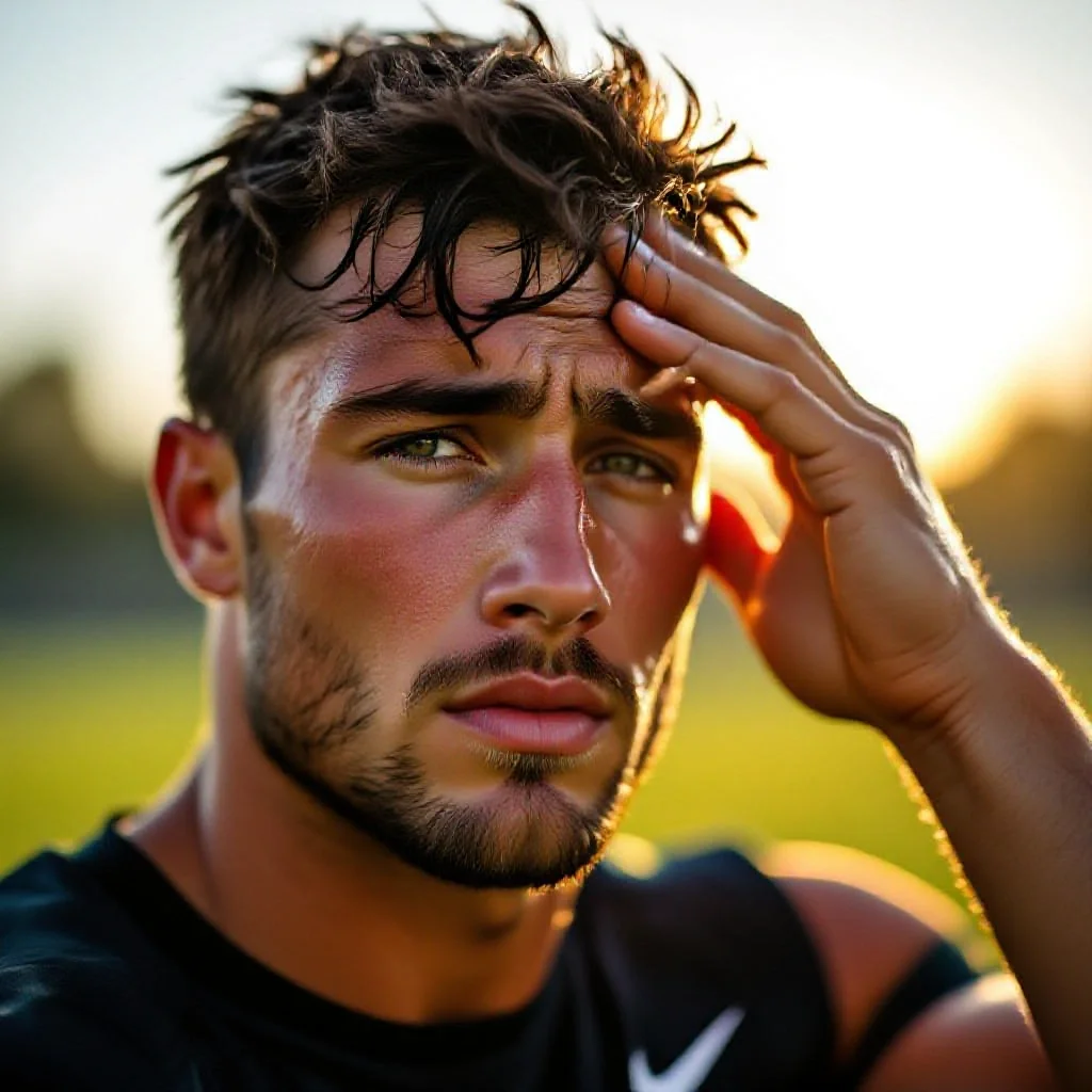 Close-up editorial portrait of a football player wiping sweat from his forehe...