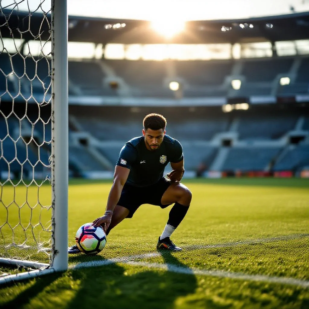 A football player stretching in the goalmouth before training