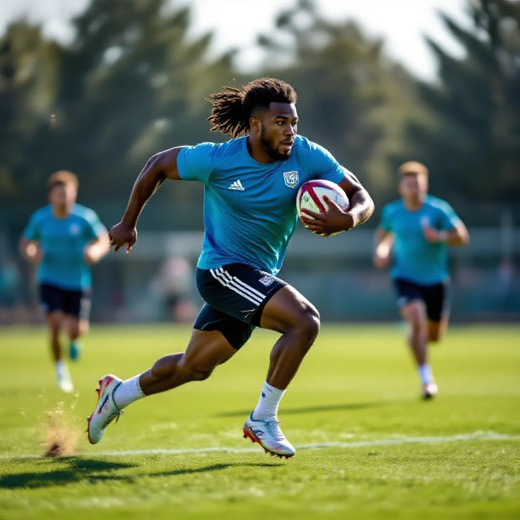 A football player sprinting at full speed across a training pitch