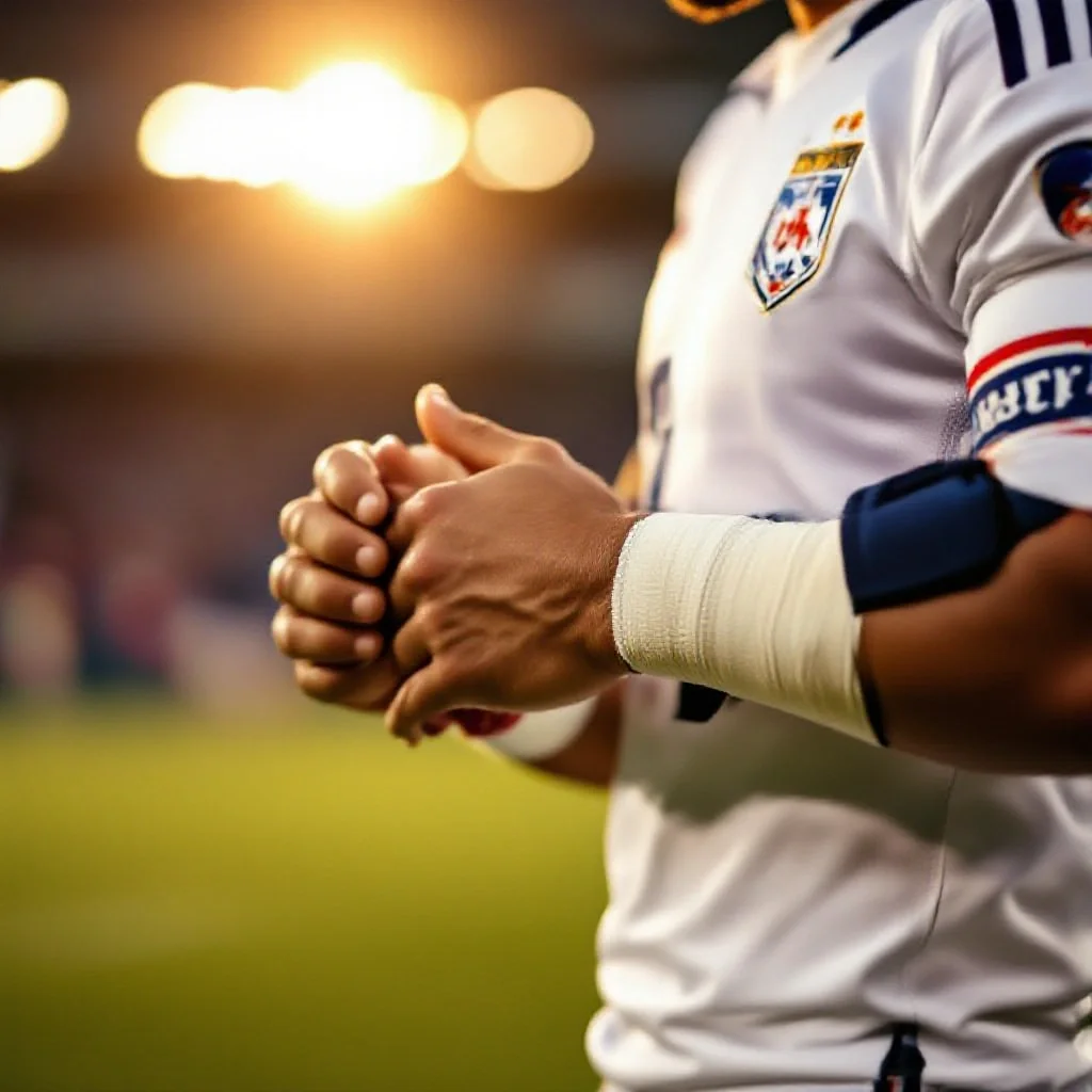 A football player’s hands adjusting his captain’s armband before kickoff