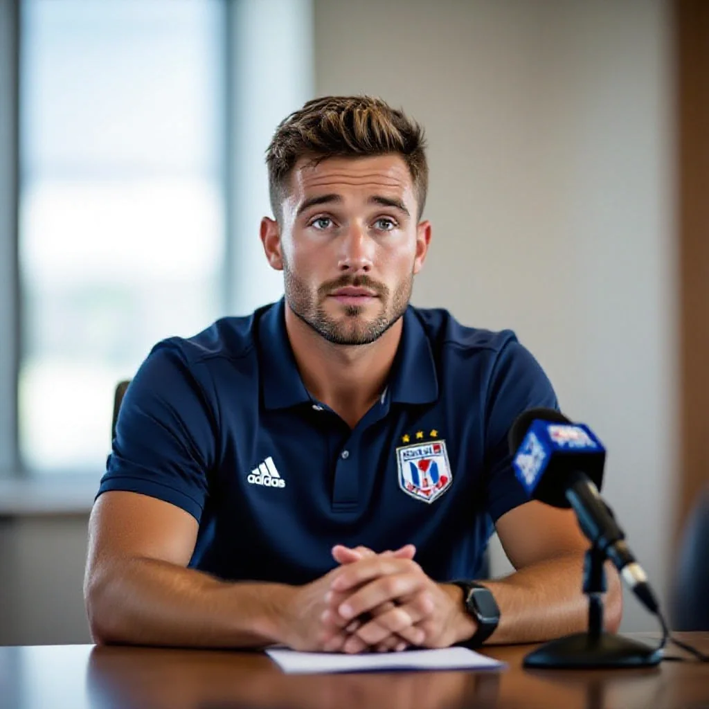 A football player in a post-match press conference