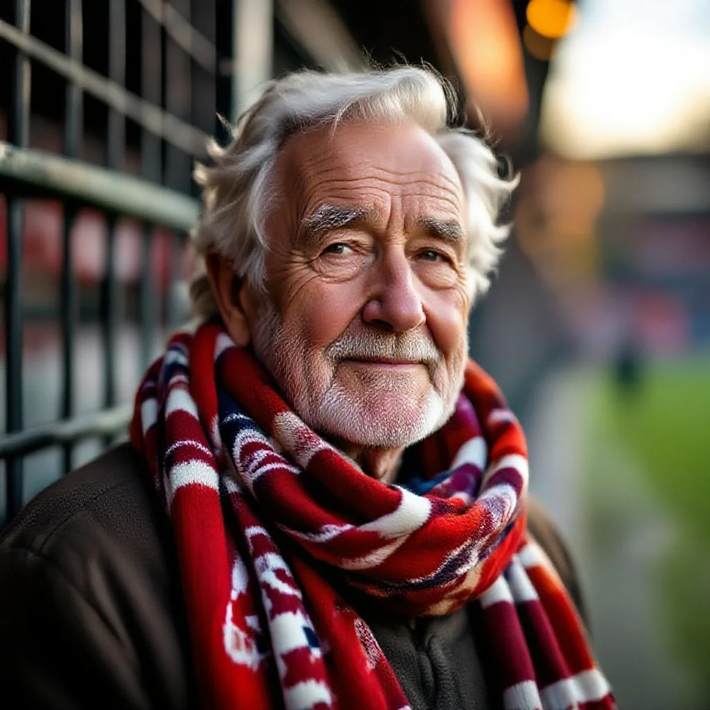 Close-up editorial portrait of an elderly fan wrapped in a vintage club scarf