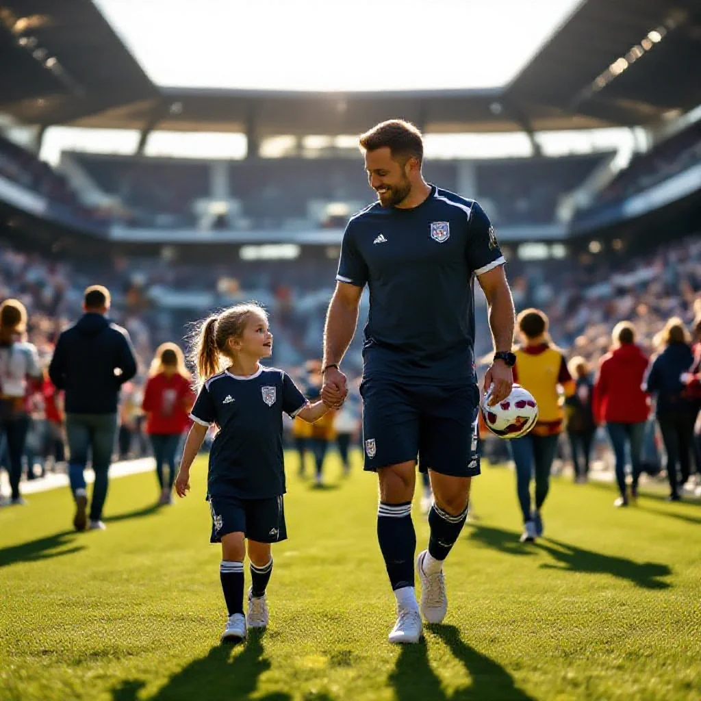 A young father and daughter both in matching club kits walking toward the sta...