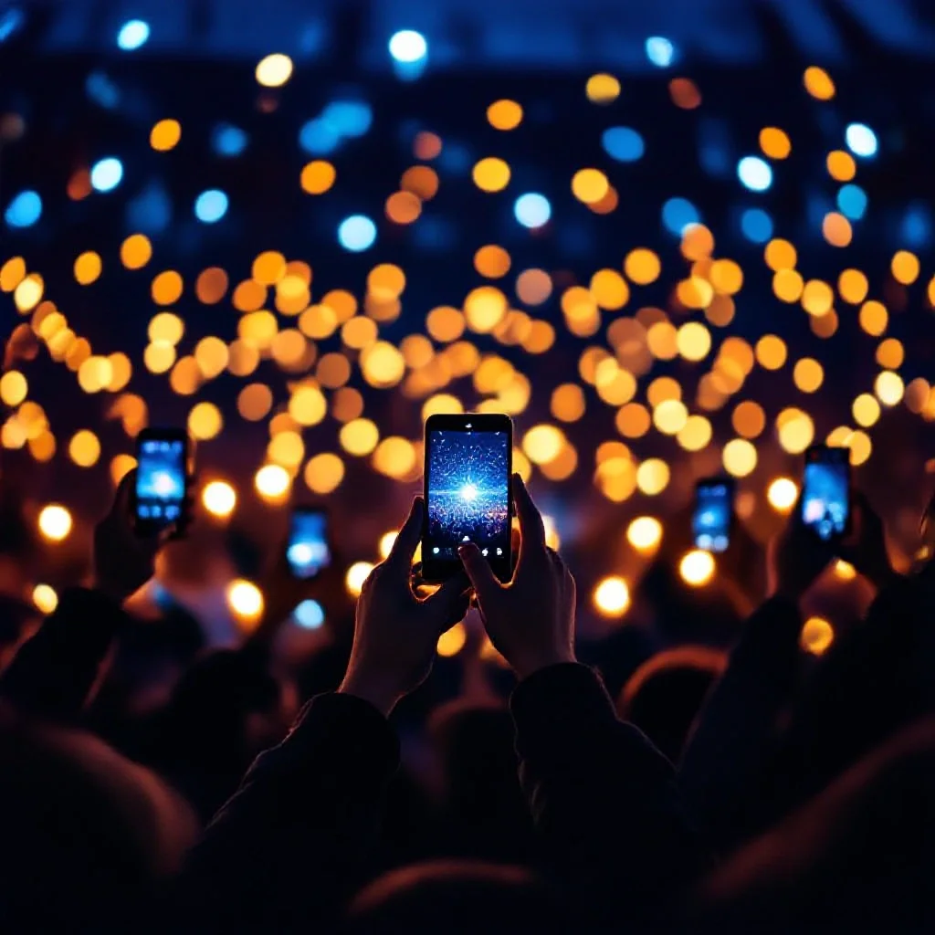 Supporter hands holding up glowing phone lights during a match night tifo