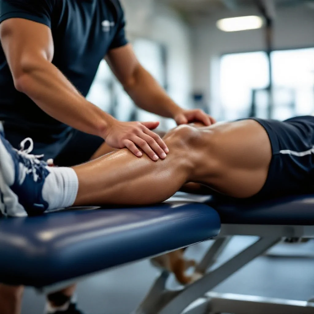 A football player’s muscular legs being massaged by a sports physio on a trea...