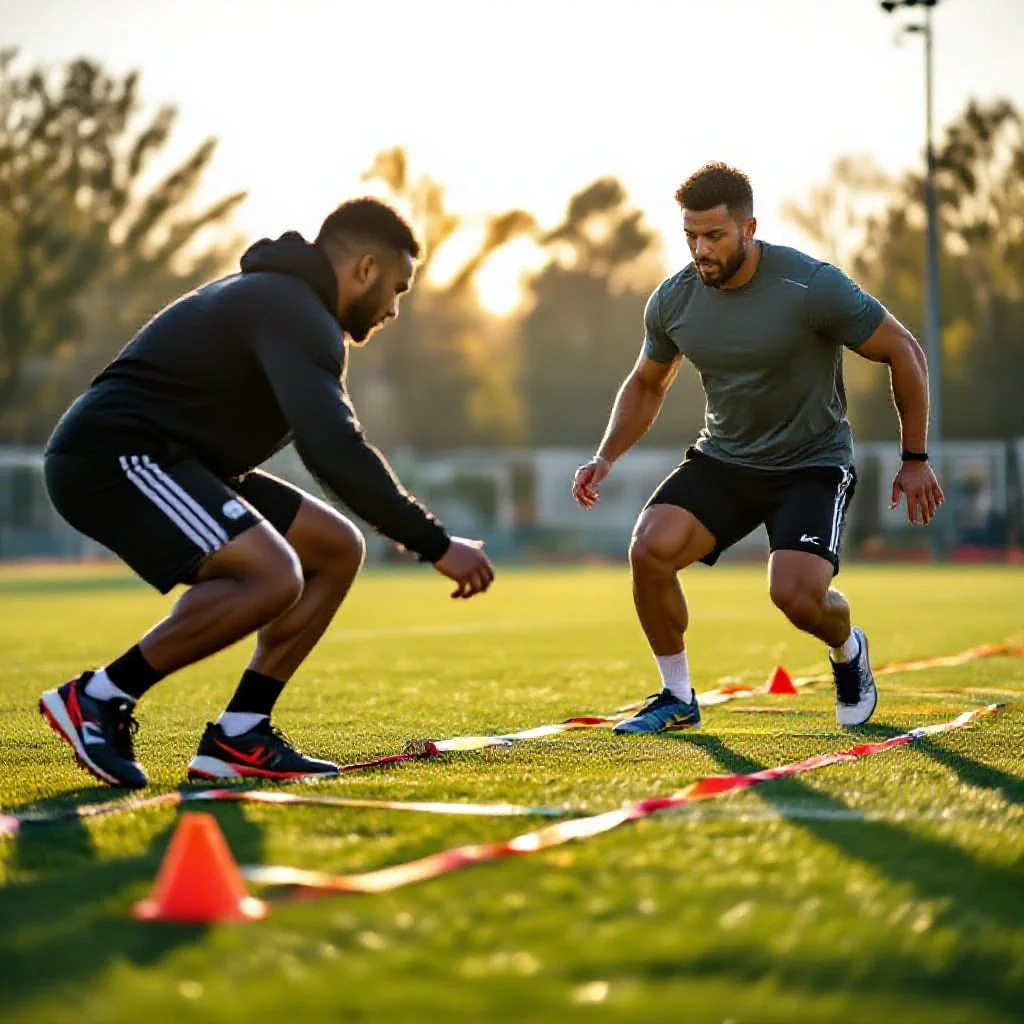 A fitness coach timing a football player doing agility ladder drills on the t...