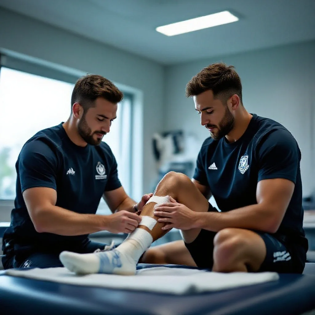 A football physiotherapist taping a player’s ankle before a match in a treatm...