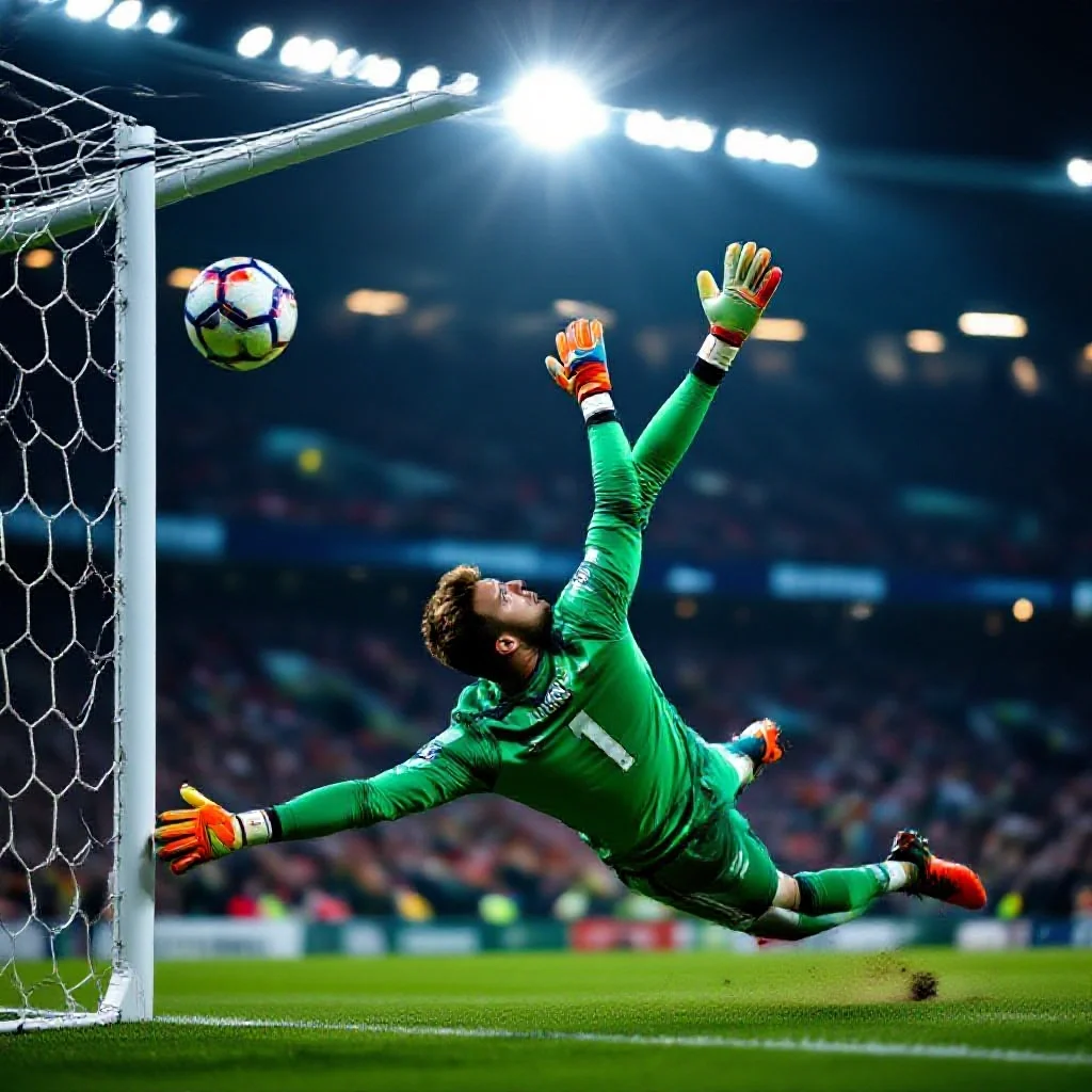 A football goalkeeper stretching full length to tip a ball over the crossbar