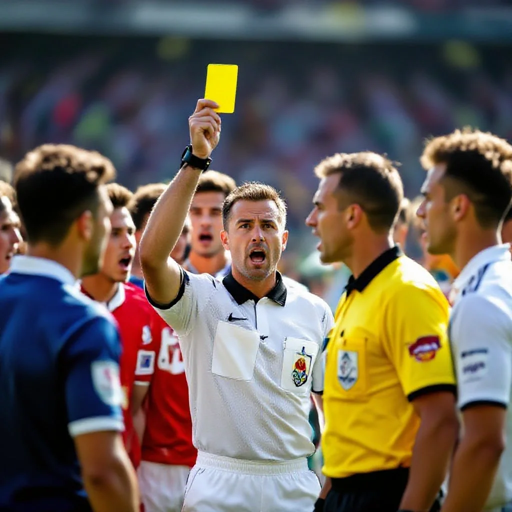 A football referee holding up a yellow card toward a player who looks shocked