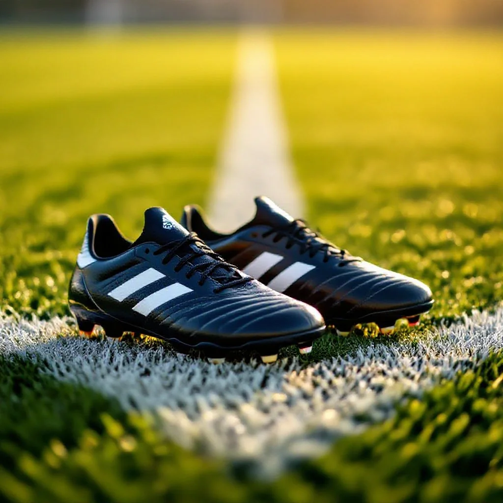 Football boots on the green pitch beside a white penalty spot