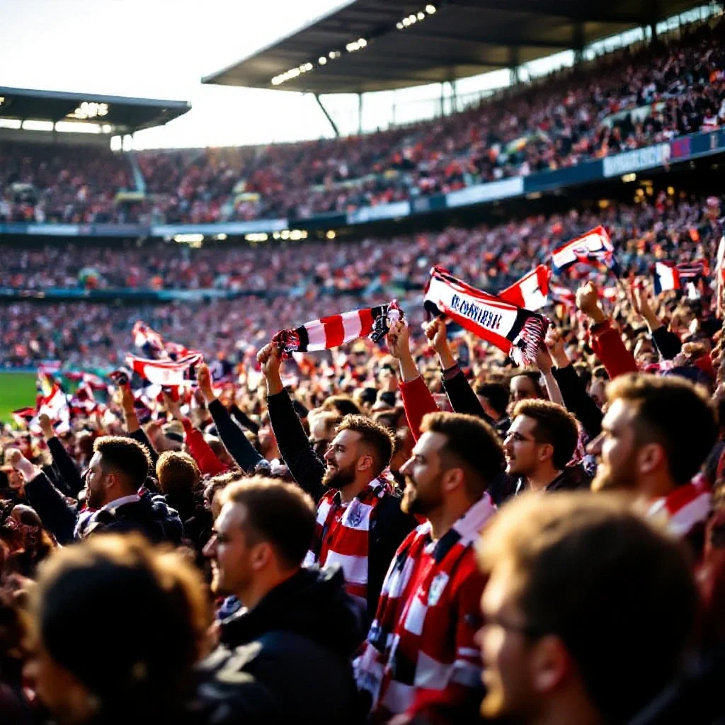 A packed stadium terrace full of fans waving team scarves and flags above the...
