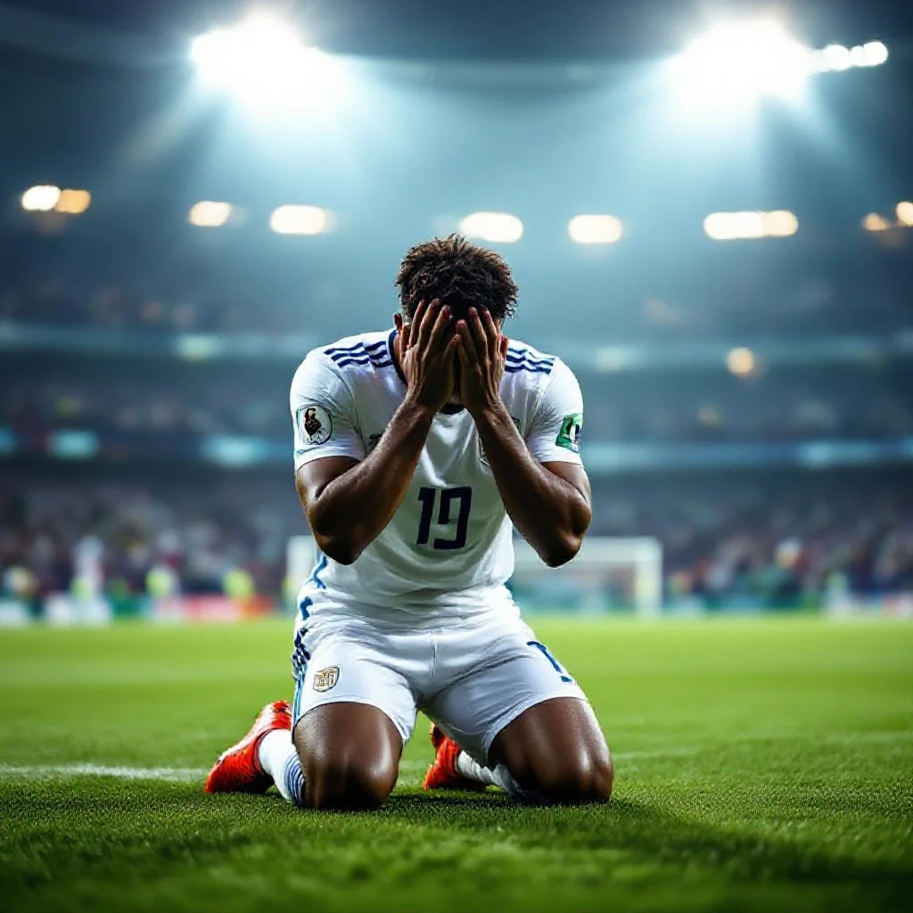 A football player kneeling on the pitch with hands covering his face in disap...
