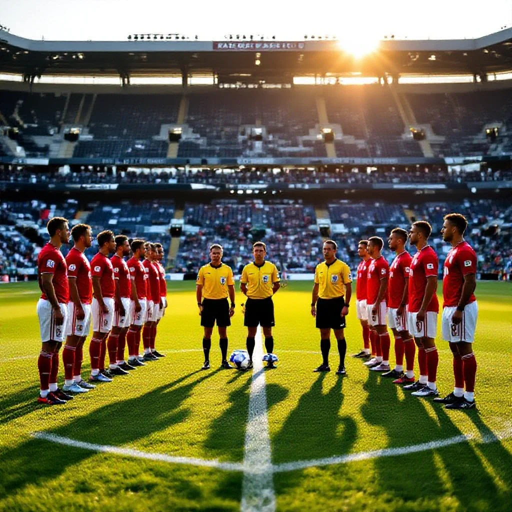 Two football teams lining up in the centre circle before kick-off