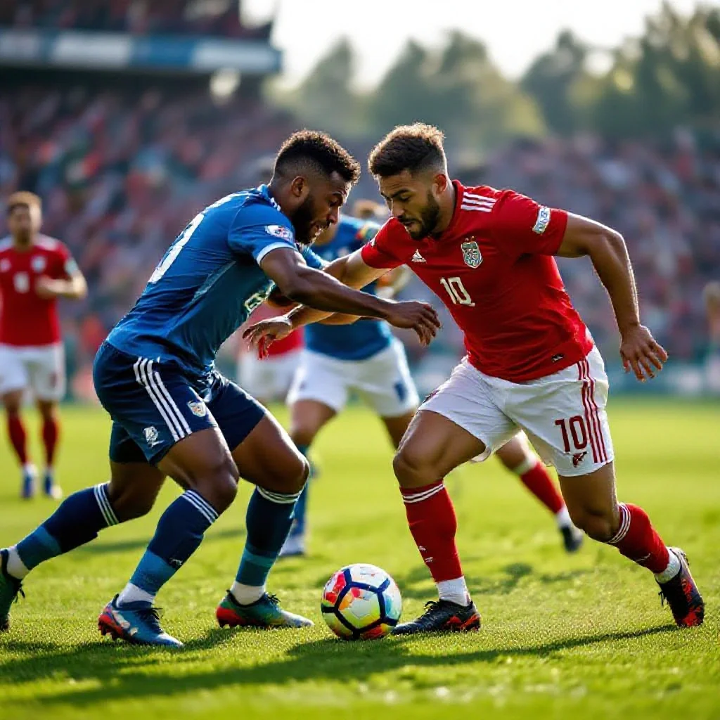 Players from rival teams pressing each other intensely for the ball