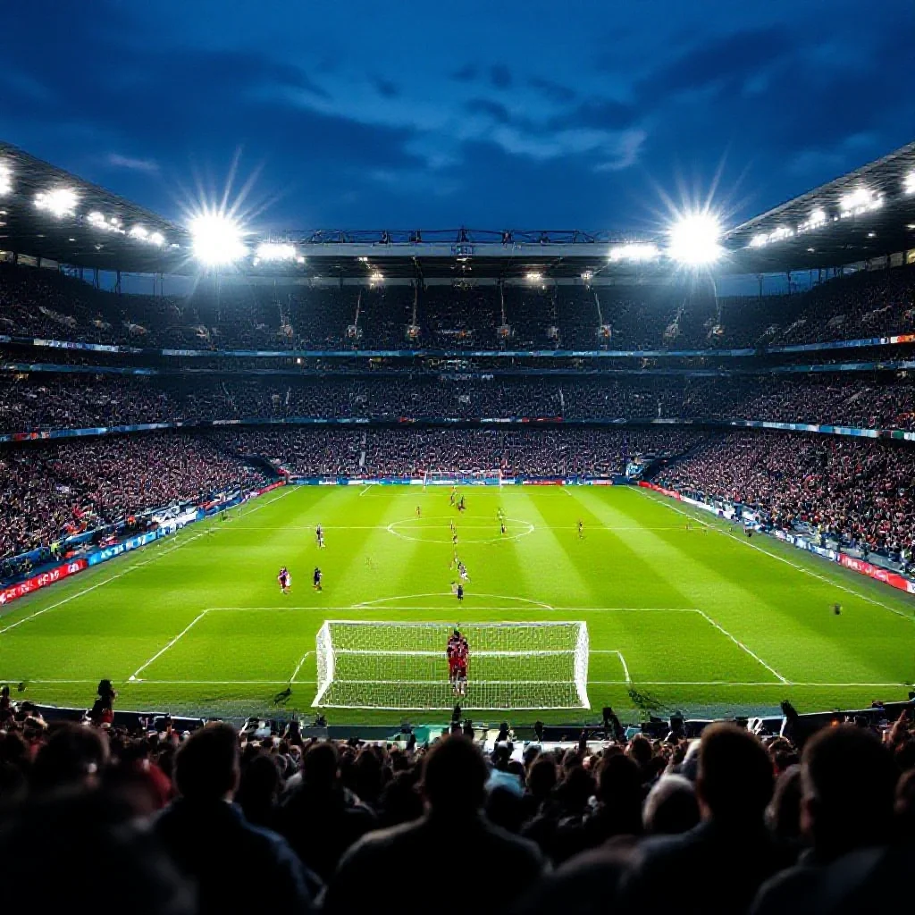 A derby match from behind the goal, the pitch in foreground with players and...