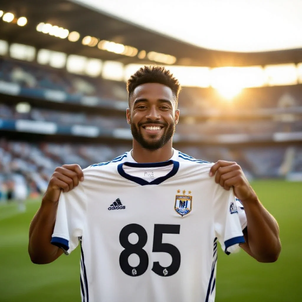 A football player holding up a new club jersey with both hands