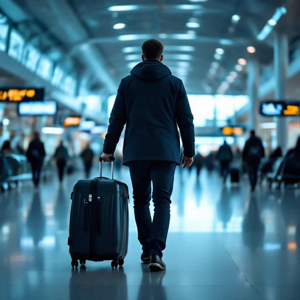 A football player walking through an airport terminal pulling a large suitcase