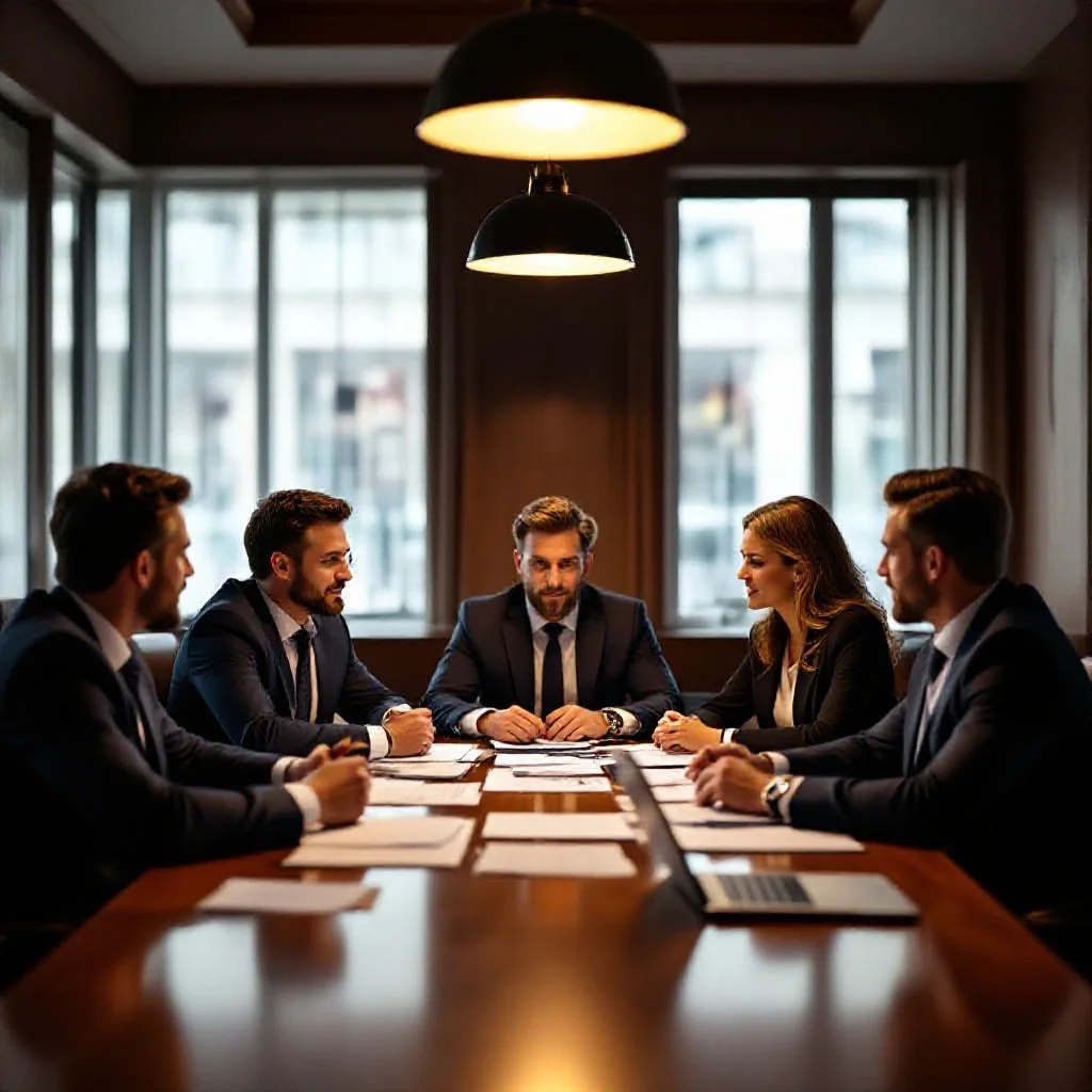 A group of suited agents and club representatives gathered around a large woo...