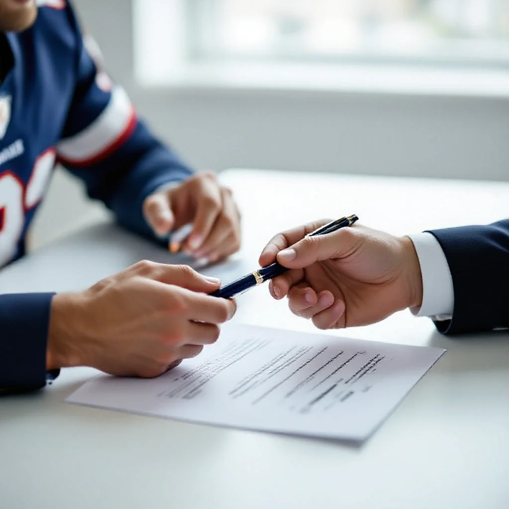 Hands exchanging a pen over a contract document