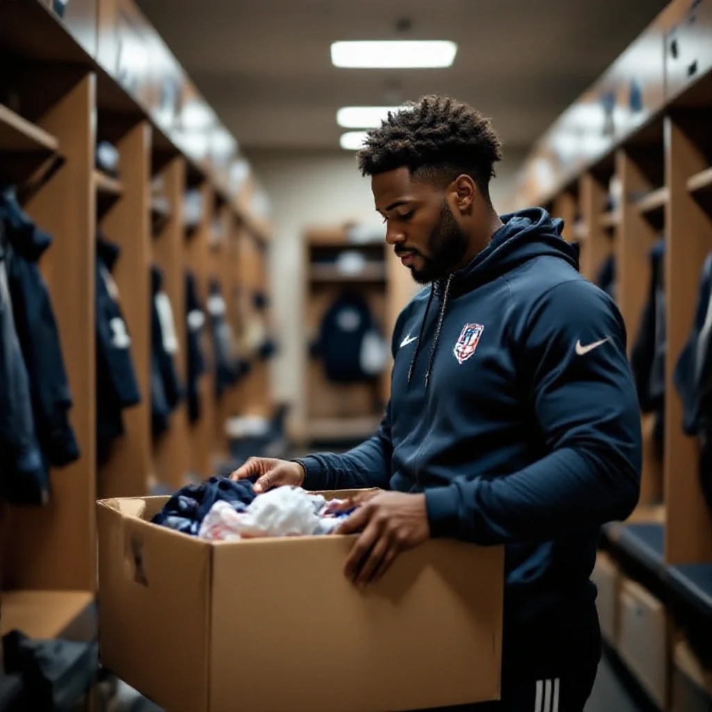 A football player in training gear packing his personal belongings into a box...