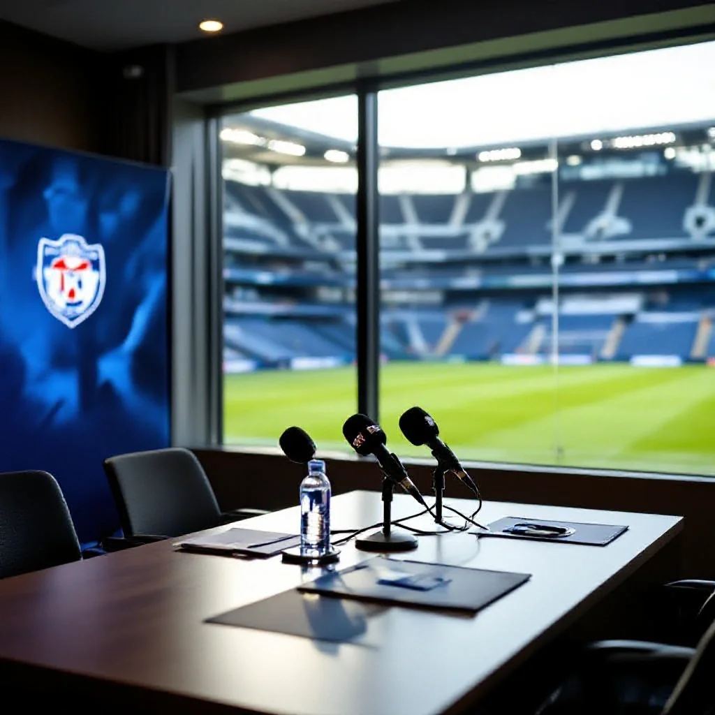 A press conference room set up for a player presentation