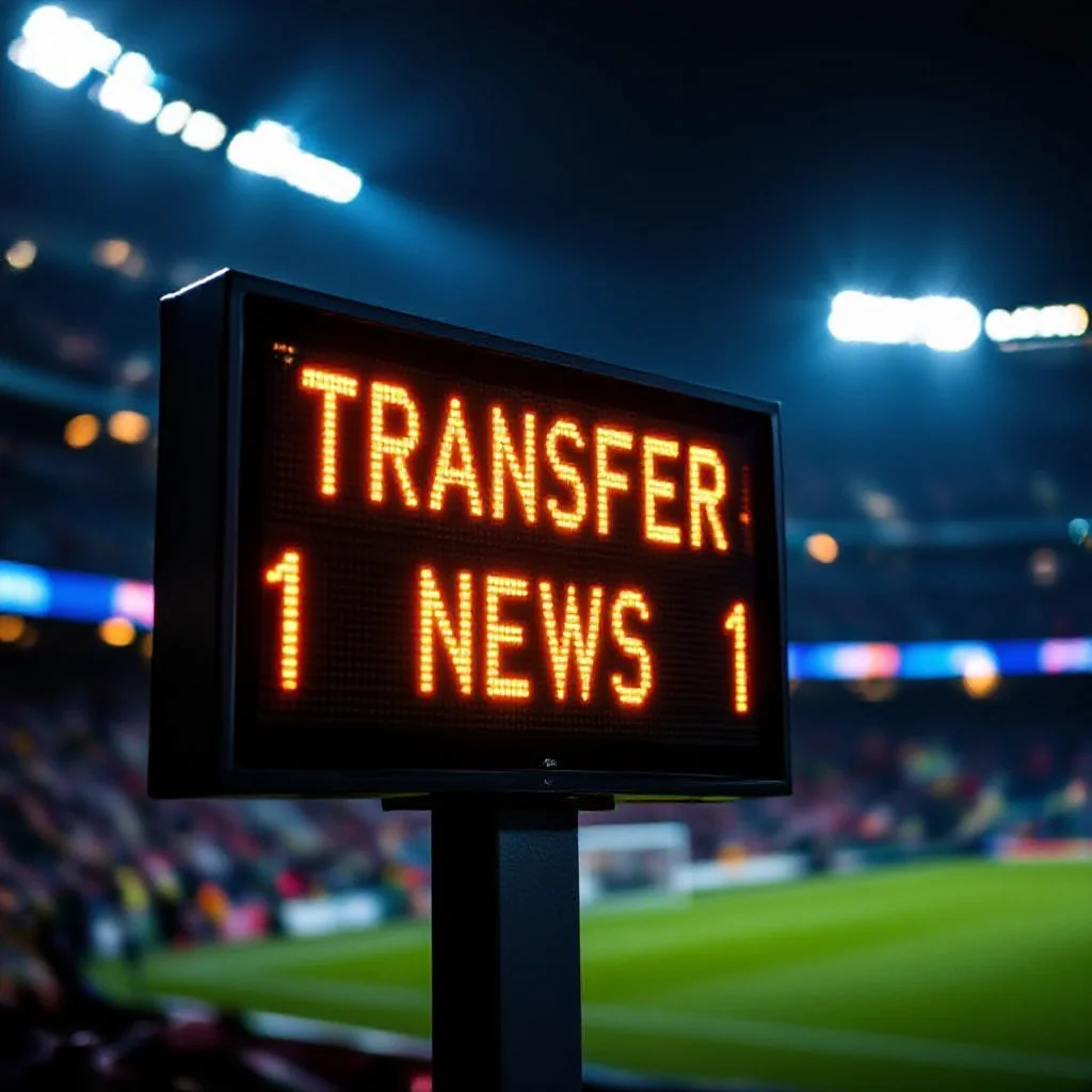 A stadium scoreboard or electronic panel showing transfer news