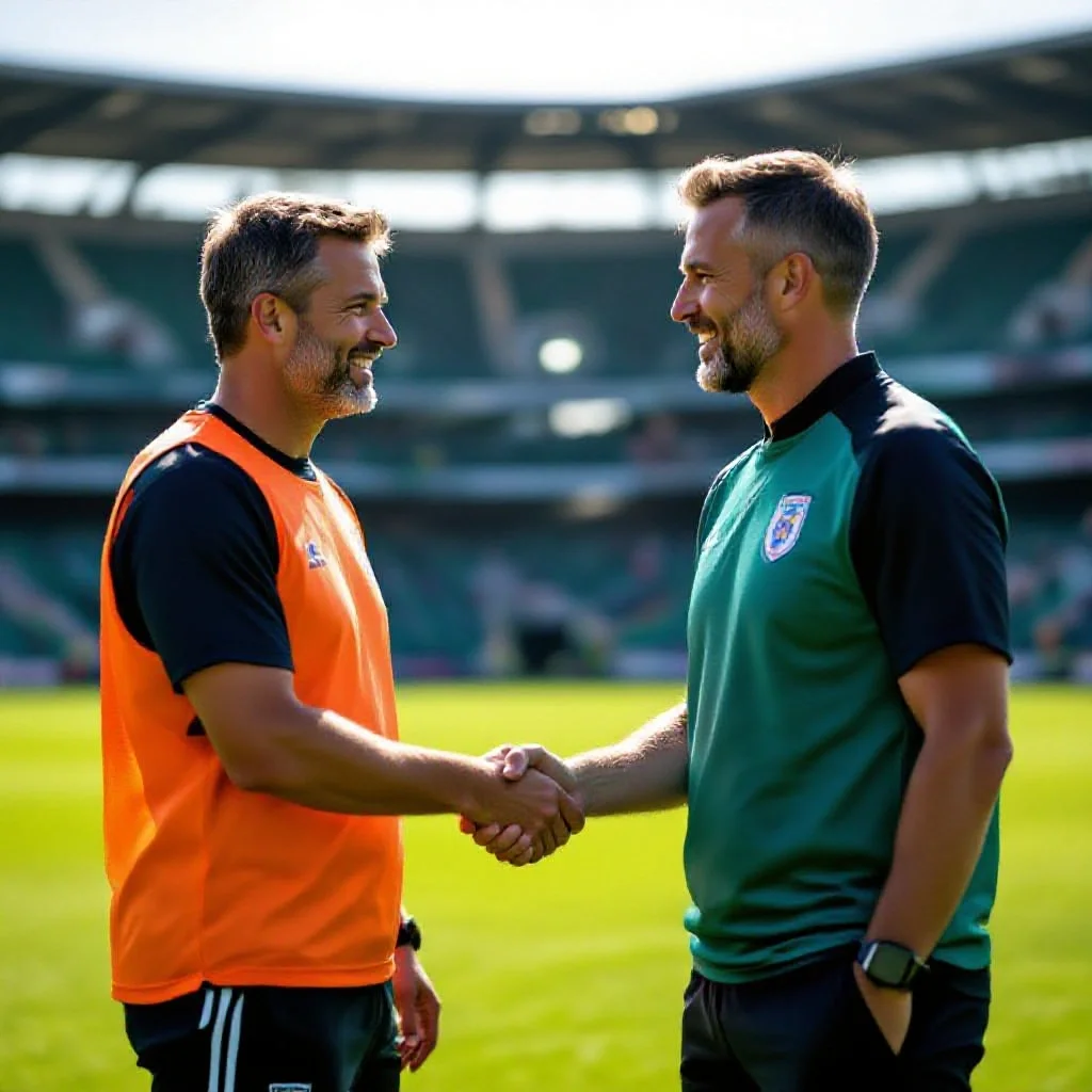 Two football managers shaking hands on a football pitch