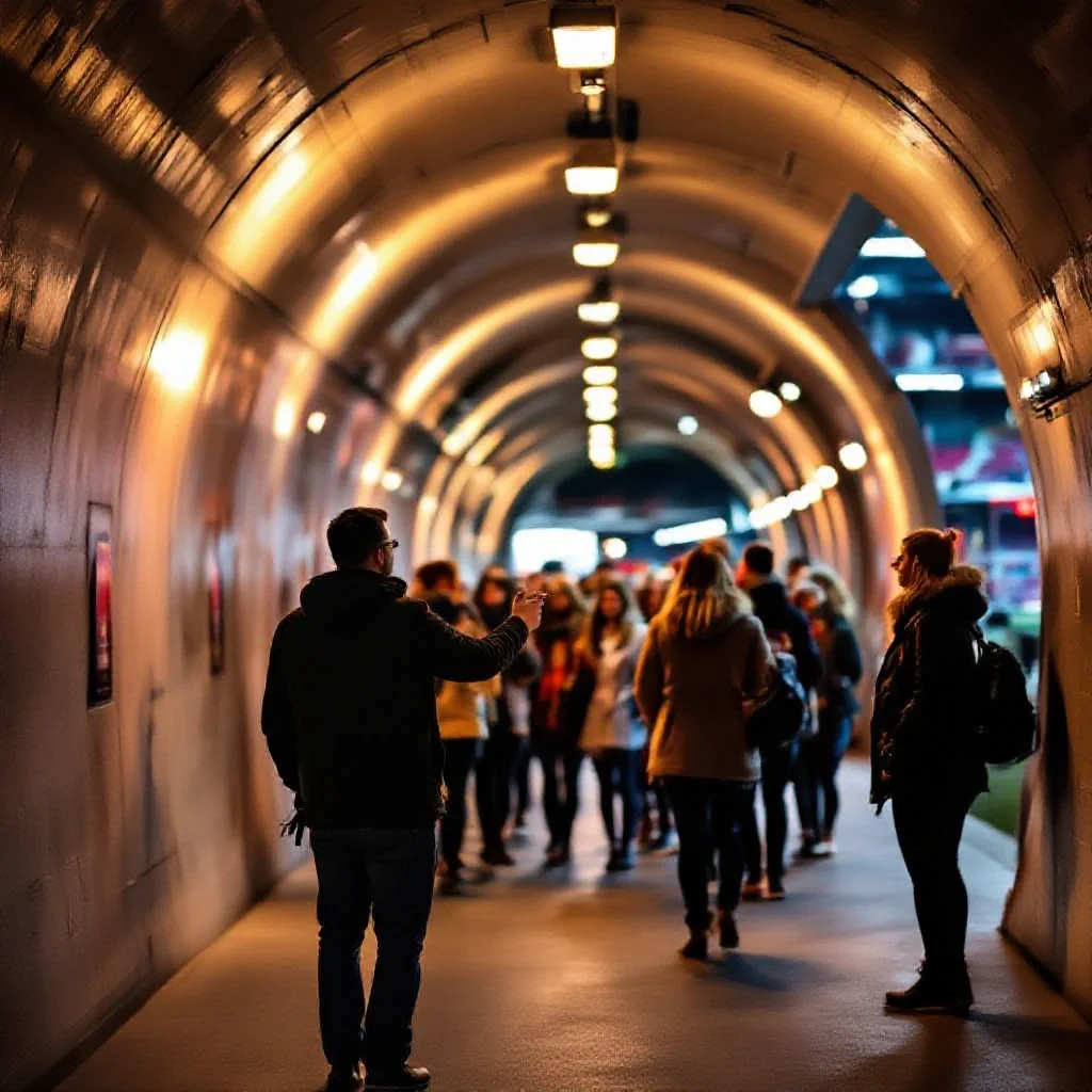 A stadium guide leading a small group of tourists through the players' tunnel
